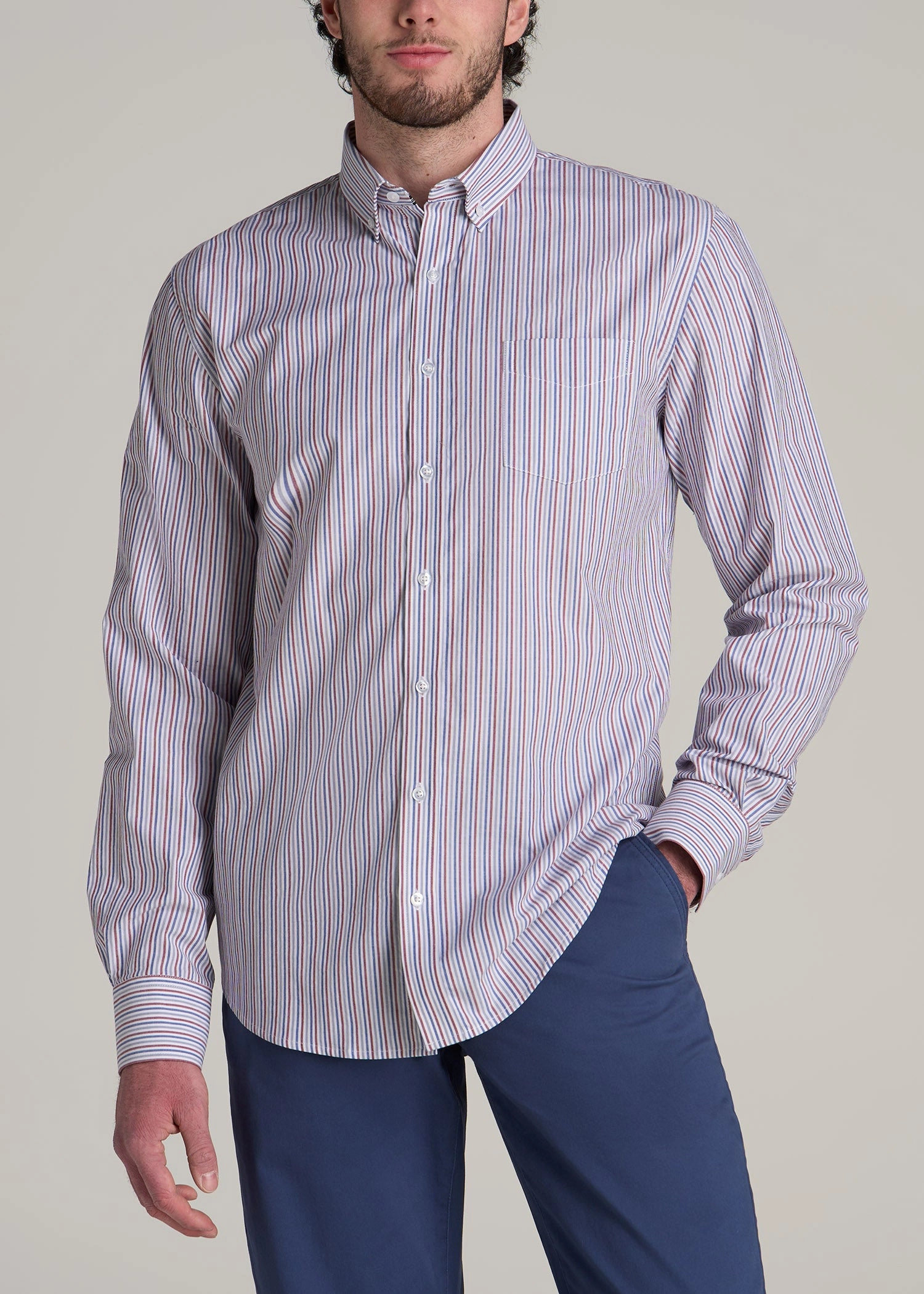 Fashionable Look Soft-Wash Button-Up Shirt for Tall Men in Red and Blue Multi Stripe