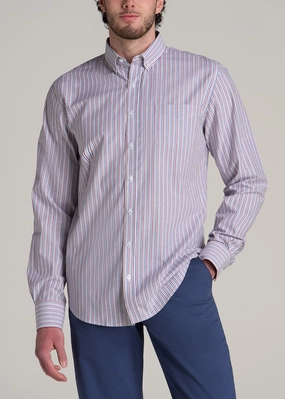 Fashionable Look Soft-Wash Button-Up Shirt for Tall Men in Red and Blue Multi Stripe
