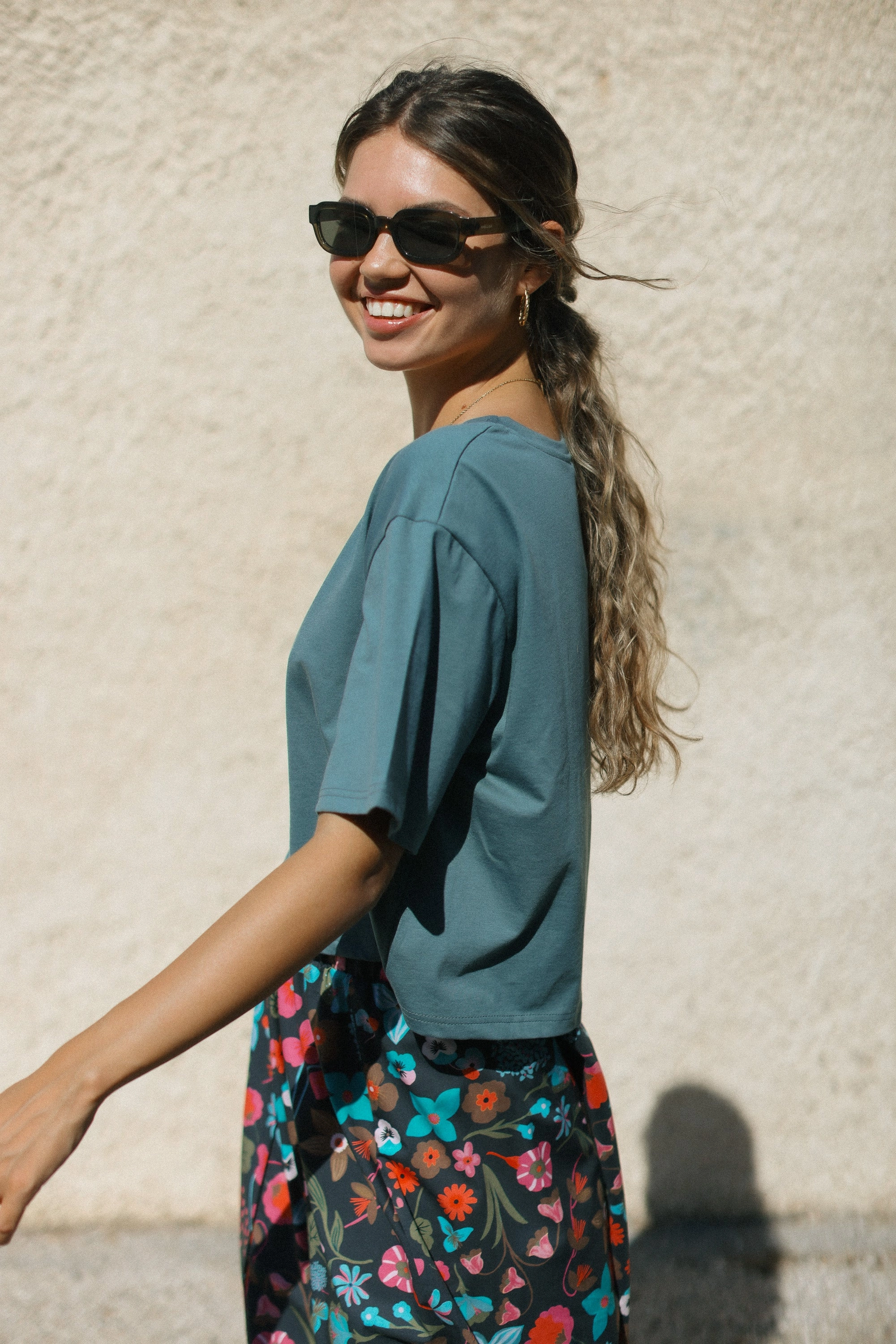Top Kyra Teal Ribbed Hemline Adjustable Collar System