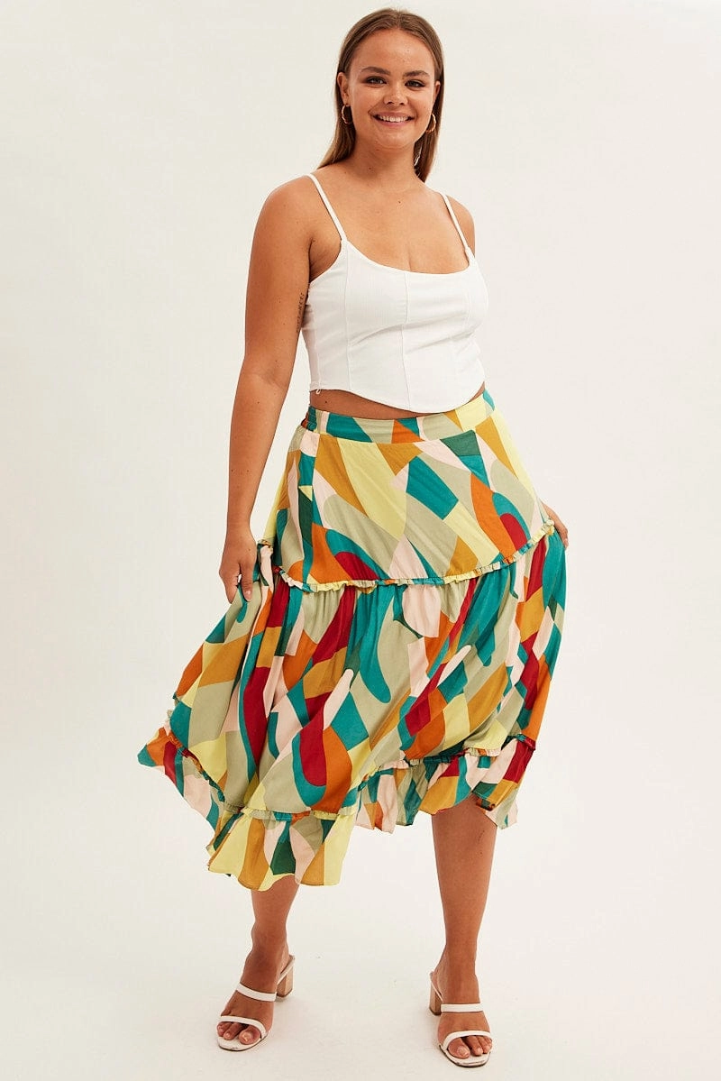 Print Midi Skirt Frill Detail Rayon Cultural Heritage Erasable Crease