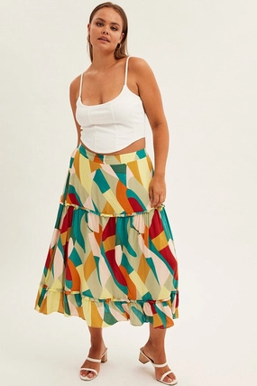 Water Repellent Finish Everyday Line Print Midi Skirt Frill Detail Rayon