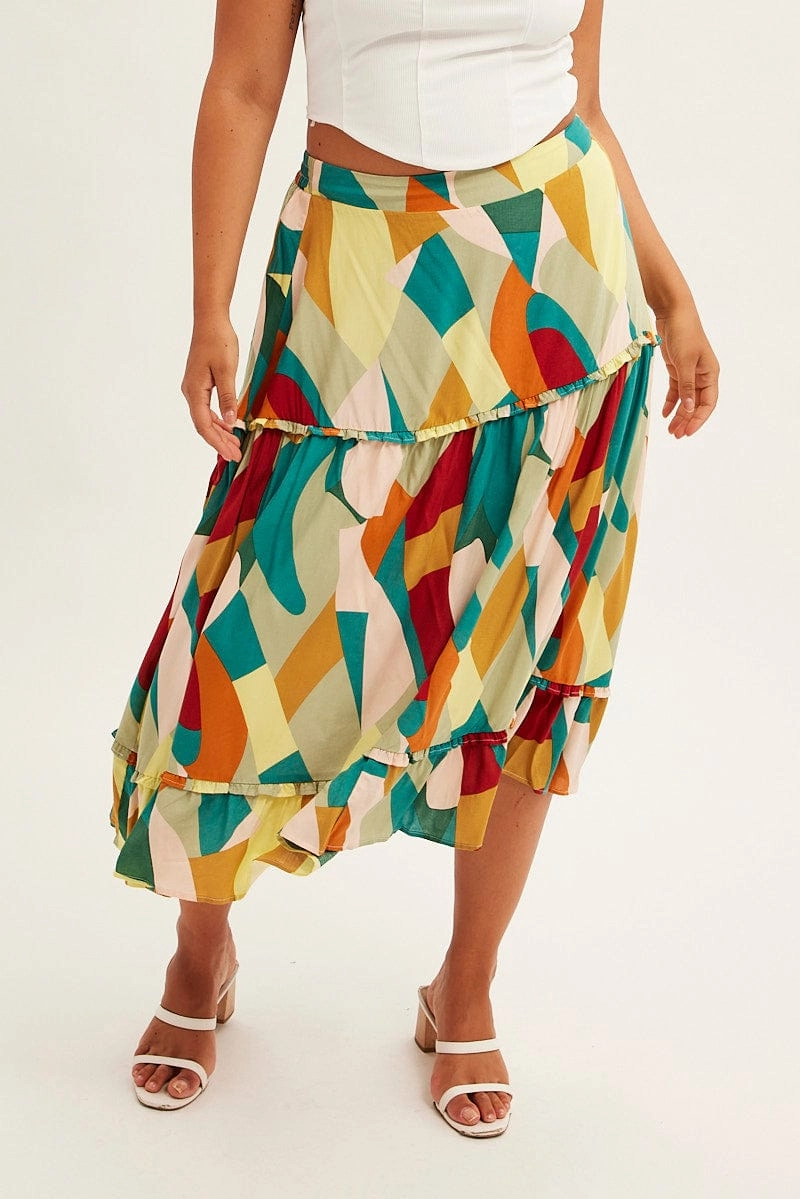 Laid Back Look Print Midi Skirt Frill Detail Rayon