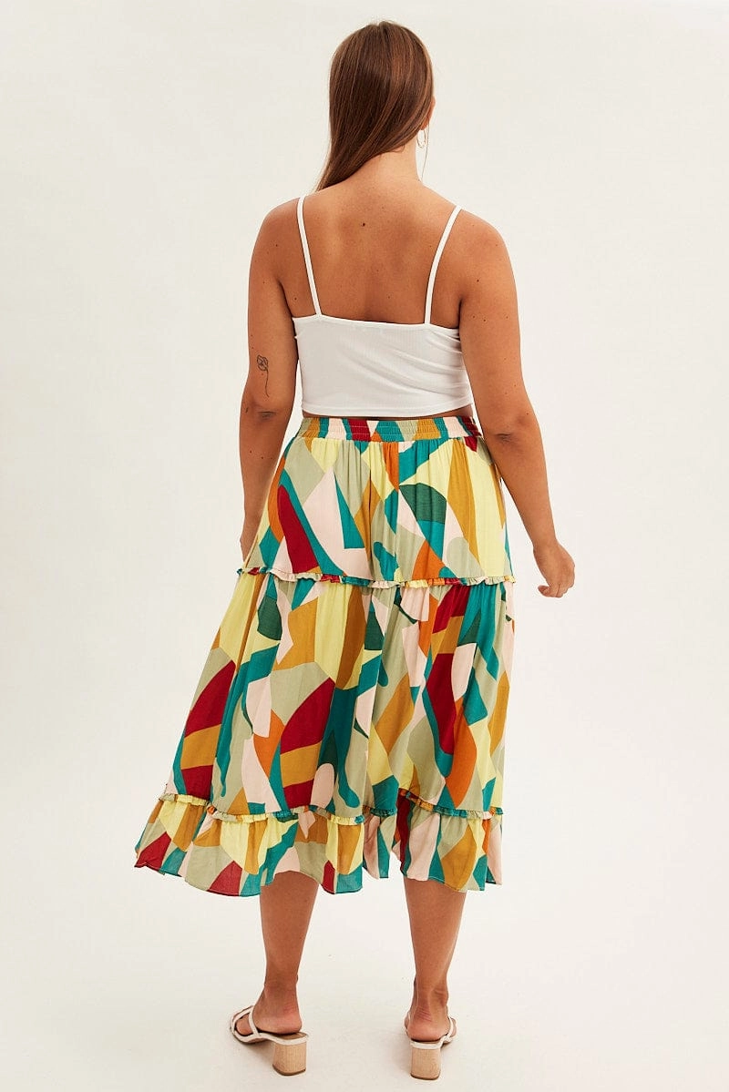 Street Edge Print Midi Skirt Frill Detail Rayon