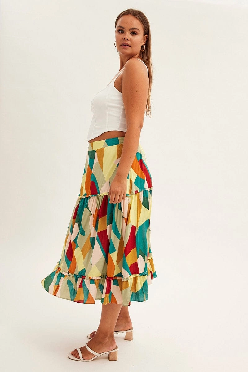 Aesthetic Fit Print Midi Skirt Frill Detail Rayon