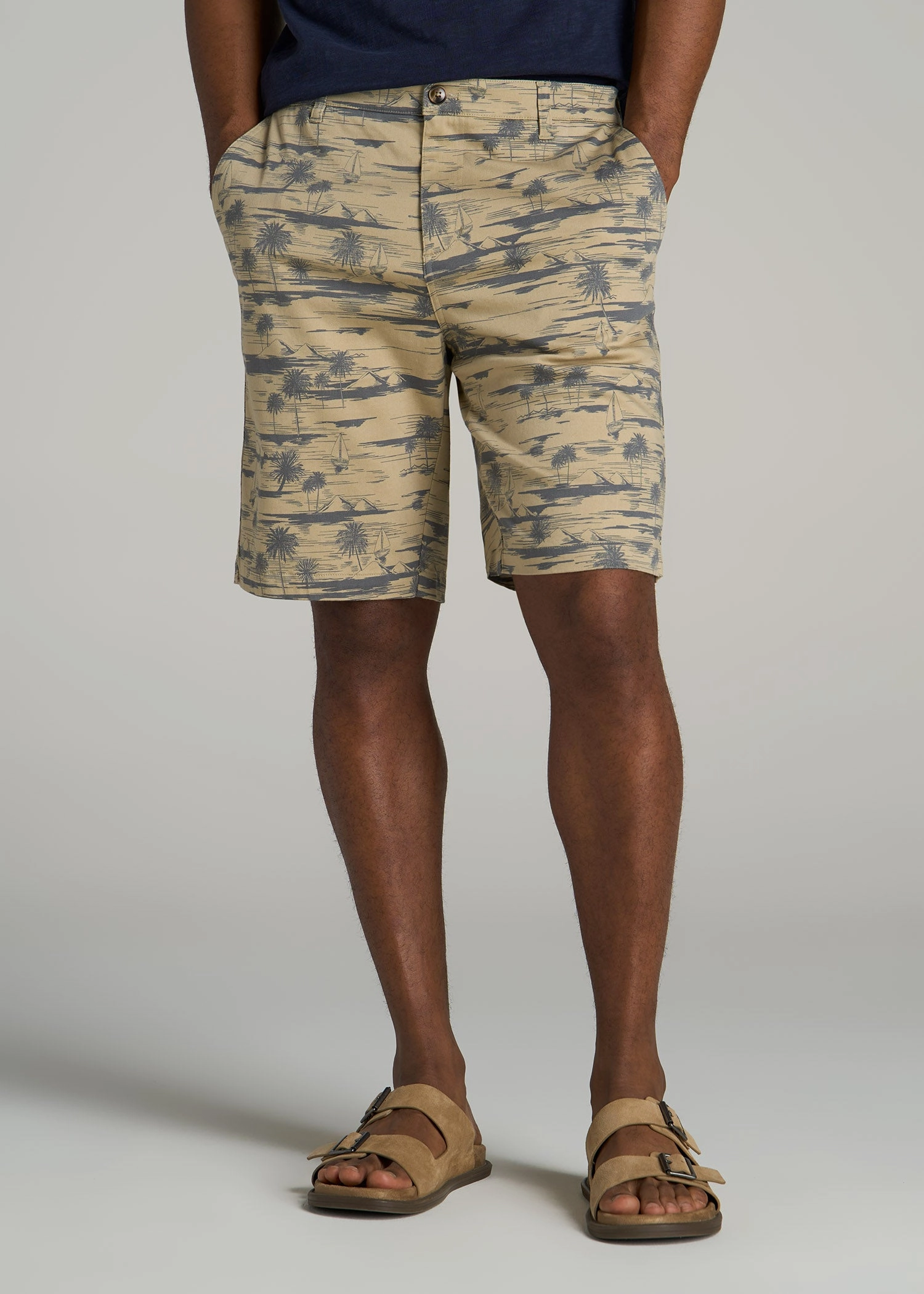 Printed Stretch Cotton Shorts for Tall Men in Grey Oceanic Print Value for Money