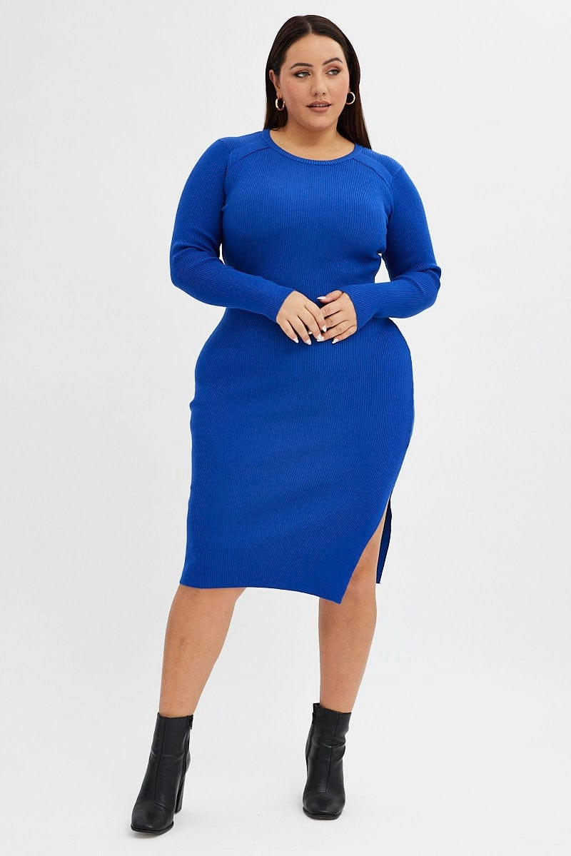 Warm Season Blue Knit Dress Raglan Round Neck Side Split