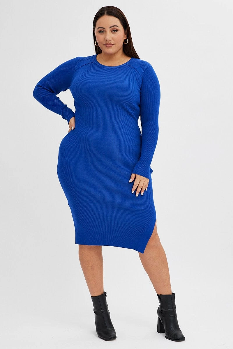 Blue Knit Dress Raglan Round Neck Side Split Hand-Wash Cozy Base