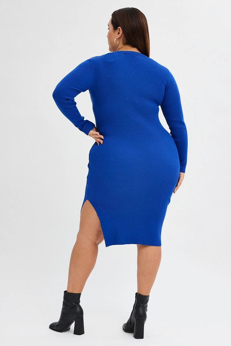 Blue Knit Dress Raglan Round Neck Side Split Luxe style Sleek Draping