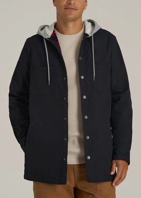 Casual Trend Multi Pocket Functionality LJ&S Flannel-Lined Canvas Shirt Jacket for Tall Men in Black