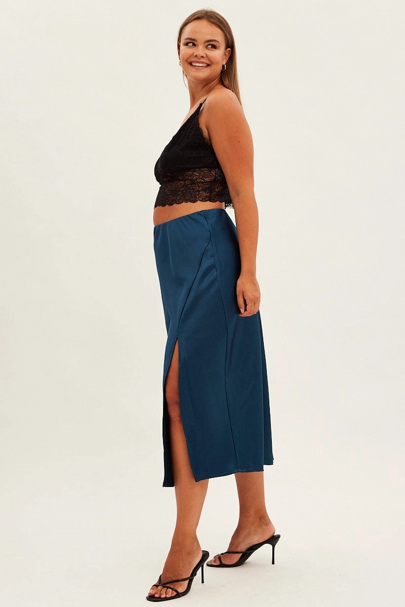 Blue Midi Skirt Bias Satin Split Side Water Resistant