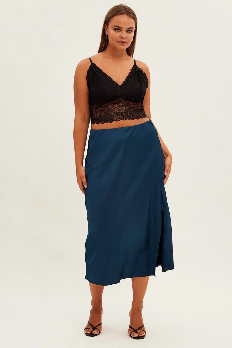 Blue Midi Skirt Bias Satin Split Side Maternity Friendly Pleated design