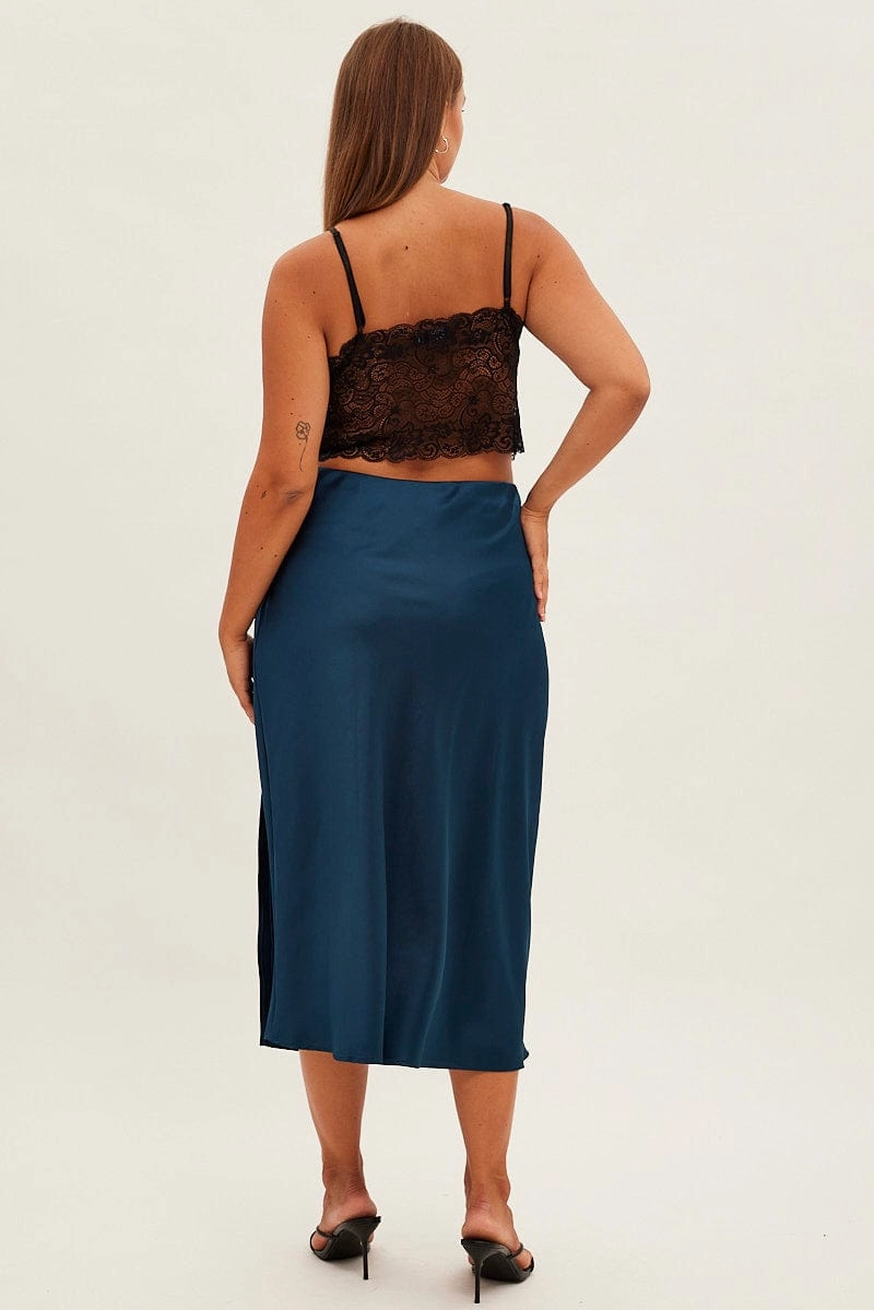 Blue Midi Skirt Bias Satin Split Side Design Detail Machine wash safe