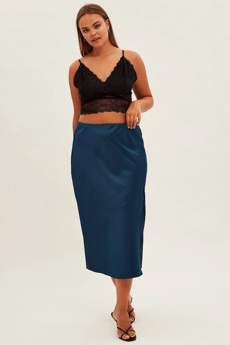Luxury Finish Seamless Design Blue Midi Skirt Bias Satin Split Side