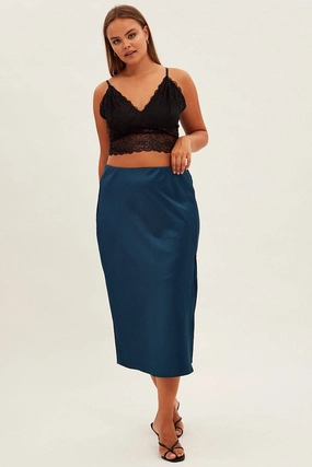 Luxury Finish Seamless Design Blue Midi Skirt Bias Satin Split Side