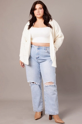 White Knit Cardigan Longline Chenille Seamless Edge Finishing