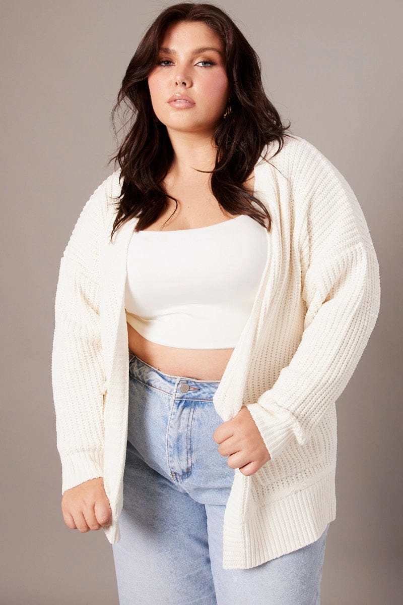 White Knit Cardigan Longline Chenille Convertible Features Bright Color