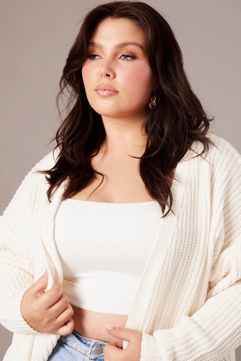 Stormproof Zipper MultiPocket Layout White Knit Cardigan Longline Chenille
