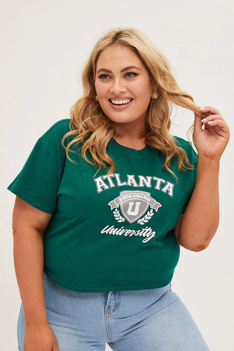 Green Graphic T-shirt Atlanta Crop Cotton Relaxed Flex