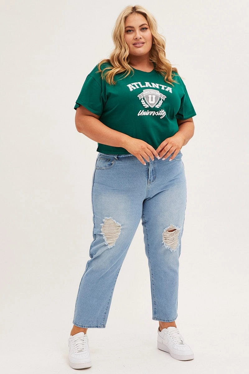 Flexible stretch Green Graphic T-shirt Atlanta Crop Cotton