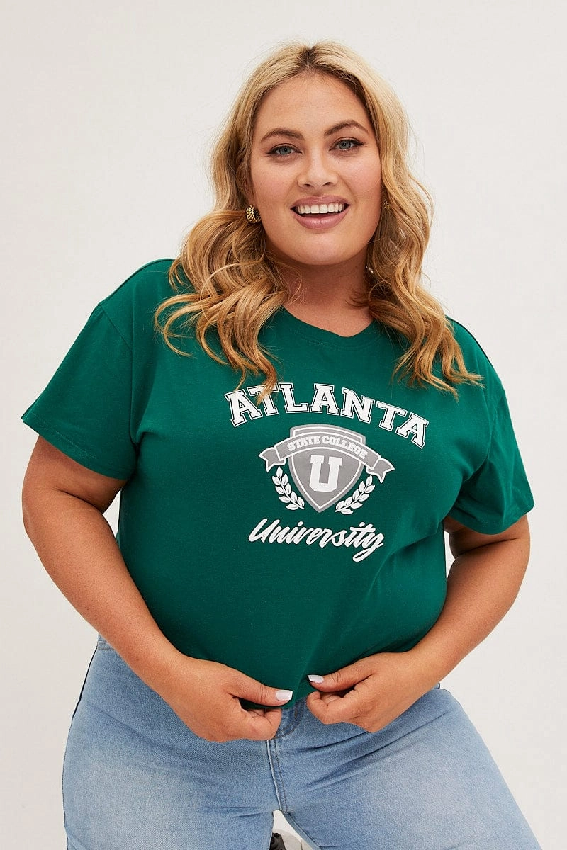 Slim Fit Design Green Graphic T-shirt Atlanta Crop Cotton