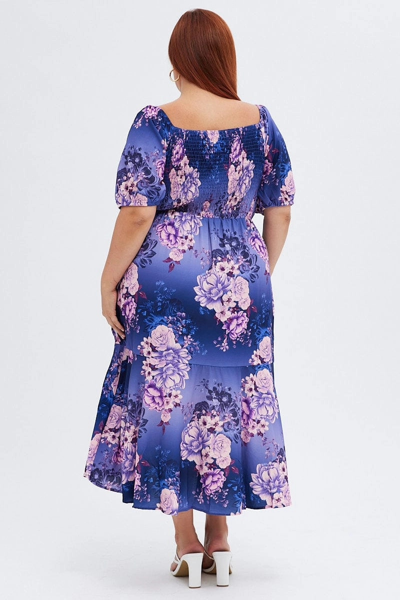 Perfect Mood Stylish Silhouette Purple Floral Midi Dress Short Sleeve Ruffle
