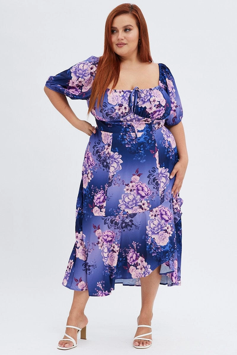 Vibrant Edge Purple Floral Midi Dress Short Sleeve Ruffle