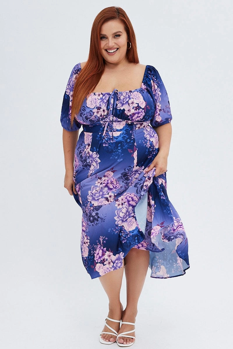 Comfy Wear Stylish party wear Purple Floral Midi Dress Short Sleeve Ruffle