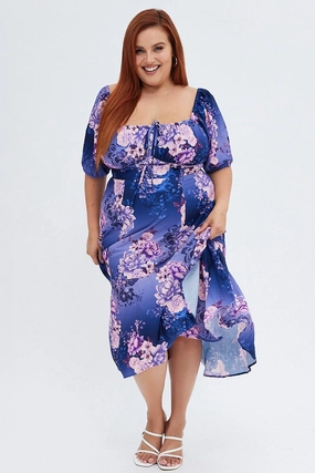 Comfy Wear Stylish party wear Purple Floral Midi Dress Short Sleeve Ruffle