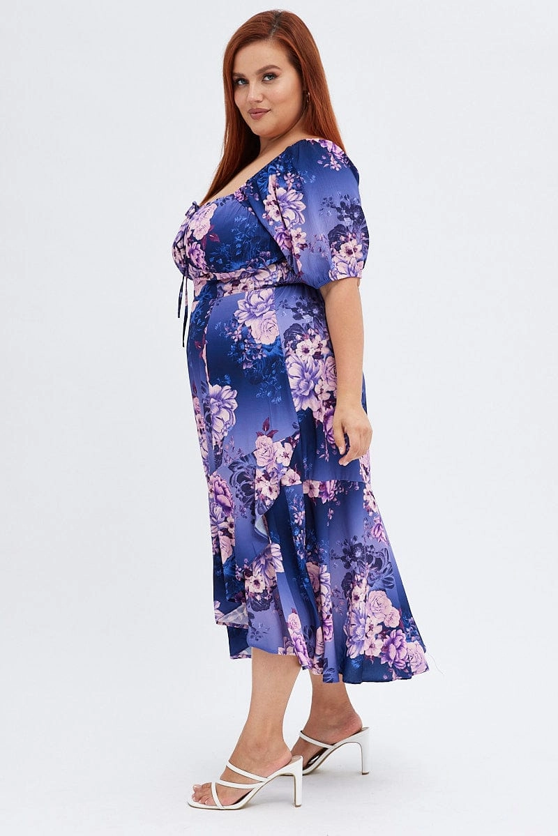 Sleek Tailoring Purple Floral Midi Dress Short Sleeve Ruffle