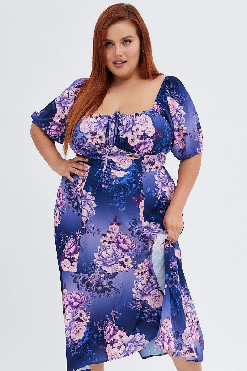 Airy Layer Purple Floral Midi Dress Short Sleeve Ruffle