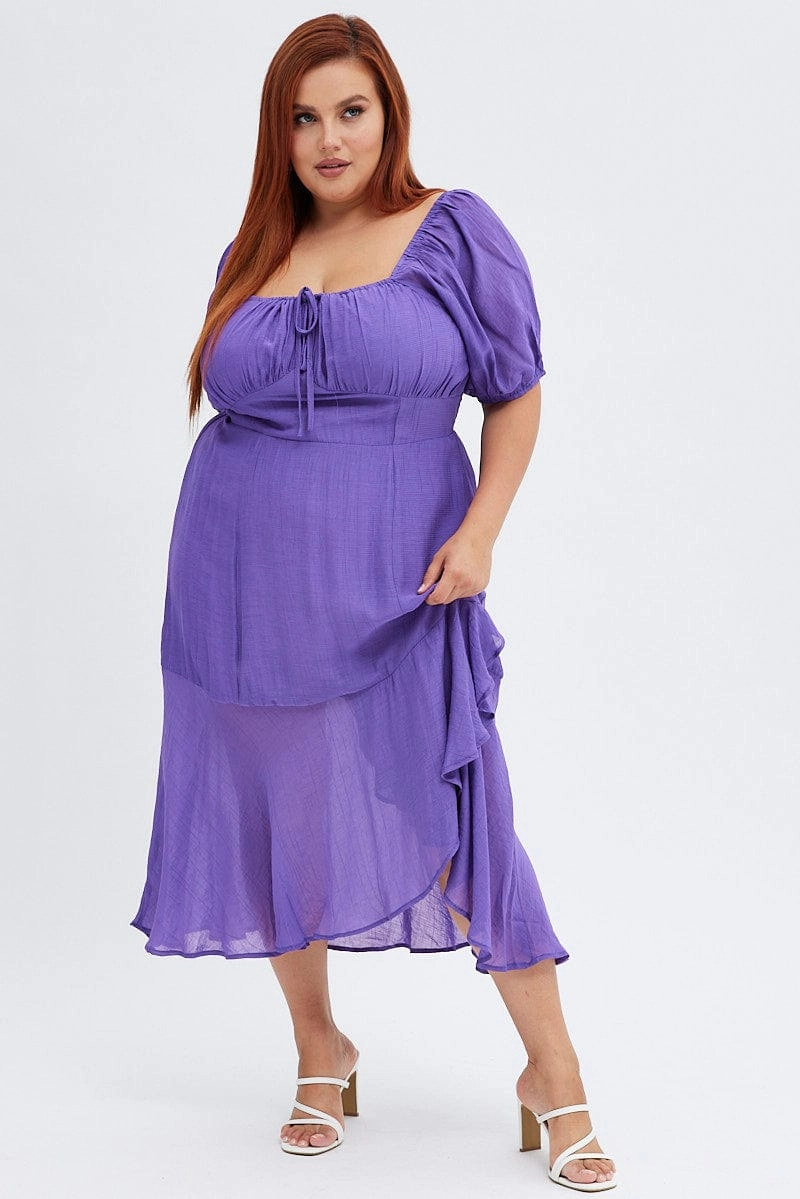Breathable Feel Flattering Look Wear Purple Midi Dress Short Sleeve Ruffle Ruched Bust