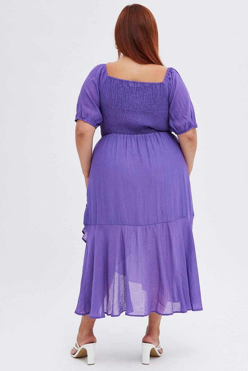 Purple Midi Dress Short Sleeve Ruffle Ruched Bust Theater-Night Curvy Glam