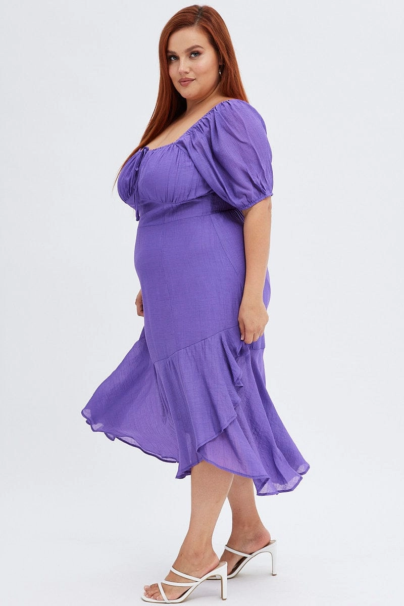 Purple Midi Dress Short Sleeve Ruffle Ruched Bust Fashionable Wear Versatile Comfort Wear