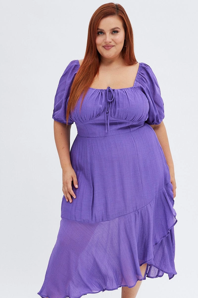 Party Safe Fashionable appearance Purple Midi Dress Short Sleeve Ruffle Ruched Bust