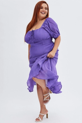 Purple Midi Dress Short Sleeve Ruffle Ruched Bust Inner Smile Timeless Look