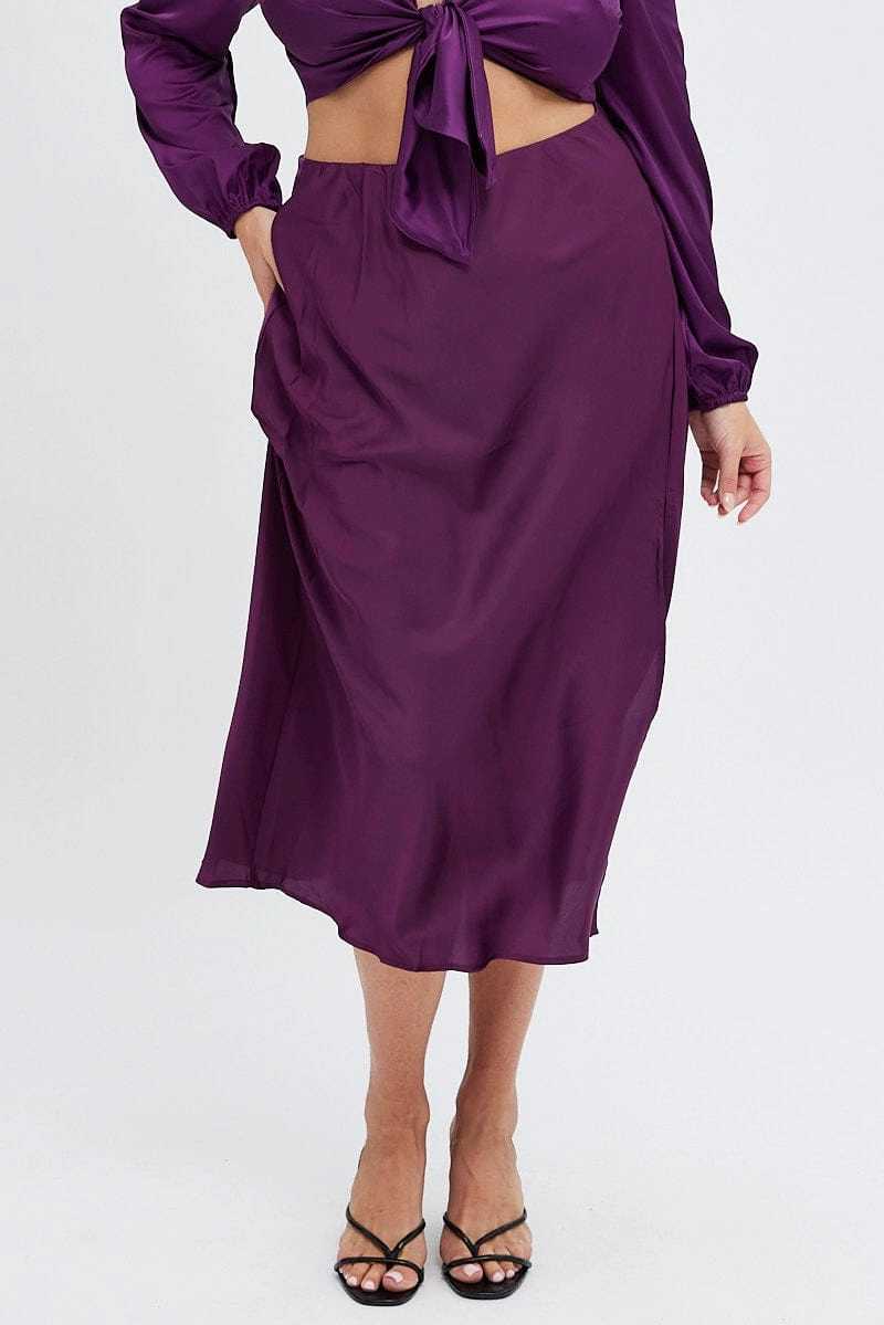 Purple Midi Skirt Elastic Waist Split Satin Twist Front Ankle length