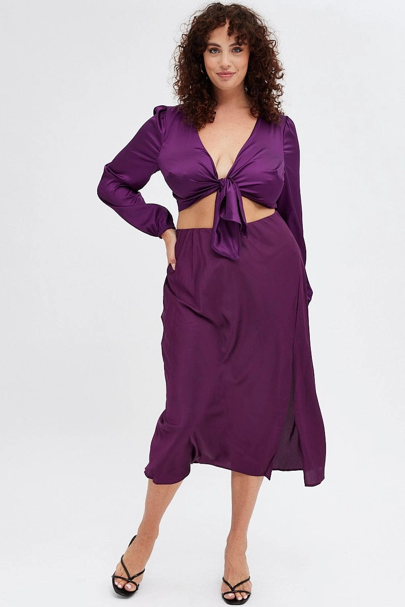 Purple Midi Skirt Elastic Waist Split Satin Machine wash safe Bold Finish