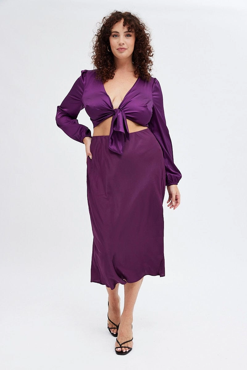 Chic Tones Purple Midi Skirt Elastic Waist Split Satin