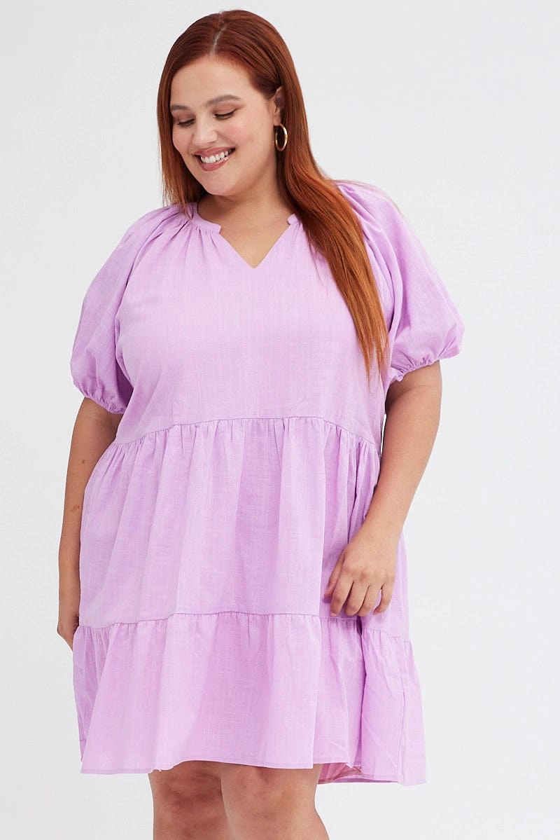 Purple Mini Dress Easy Shirt Collar Half Sleeve Shine Moment Relaxed fit wear