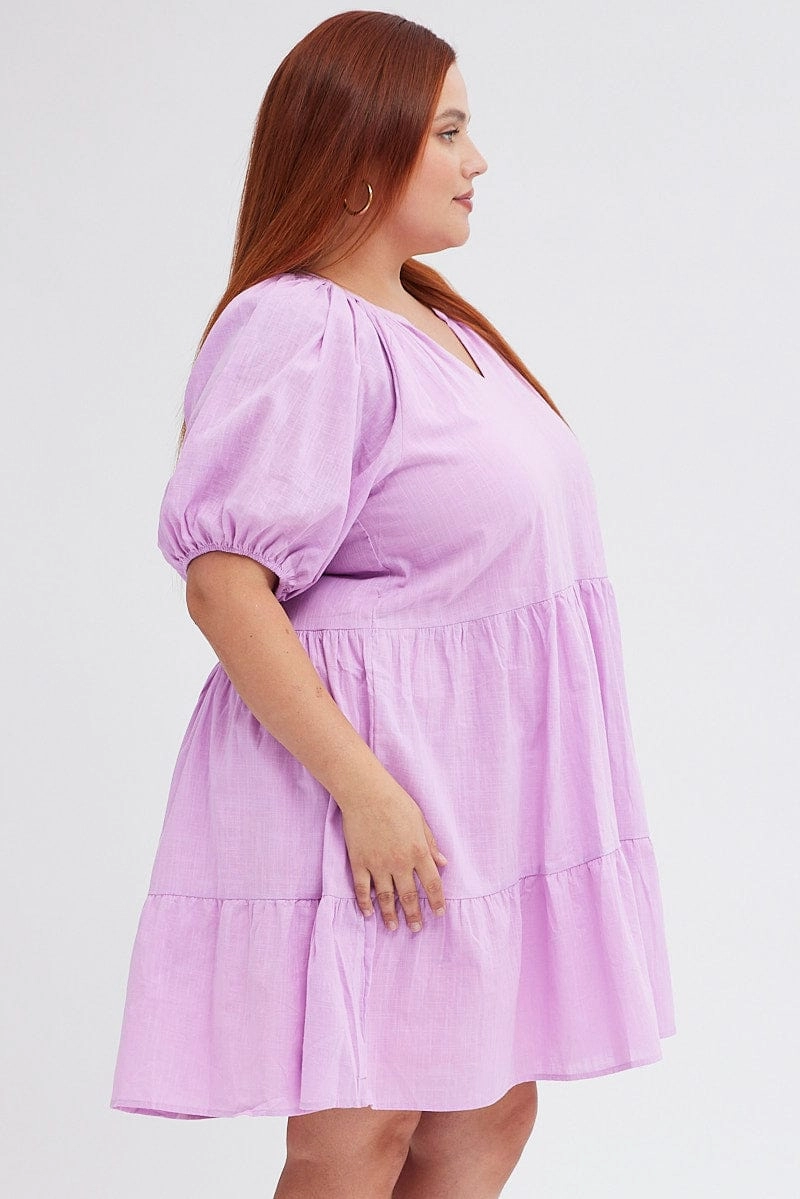 Purple Mini Dress Easy Shirt Collar Half Sleeve Vibrant patterned dress Refined Form
