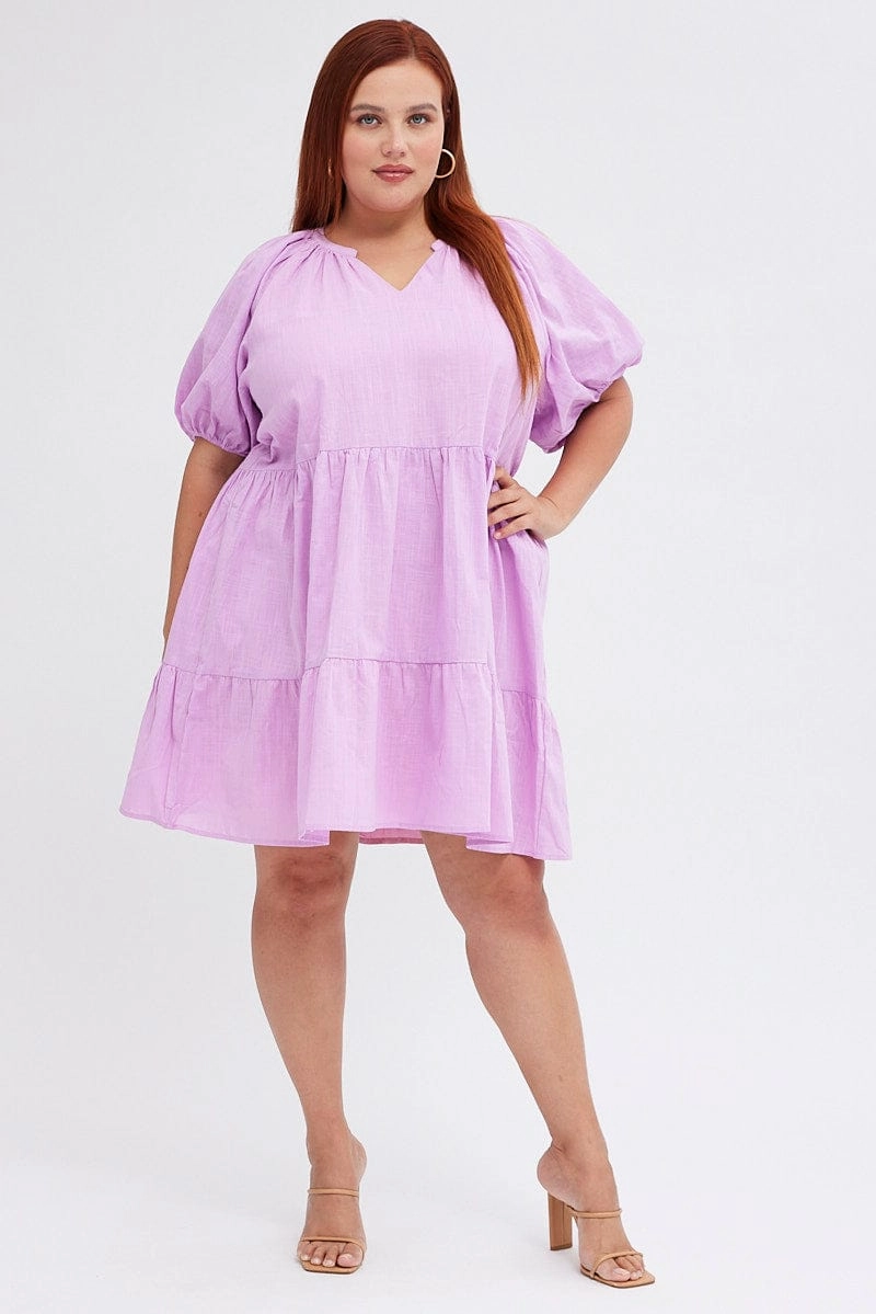 Purple Mini Dress Easy Shirt Collar Half Sleeve Balanced Texture
