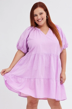 Contrast-Lining Purple Mini Dress Easy Shirt Collar Half Sleeve