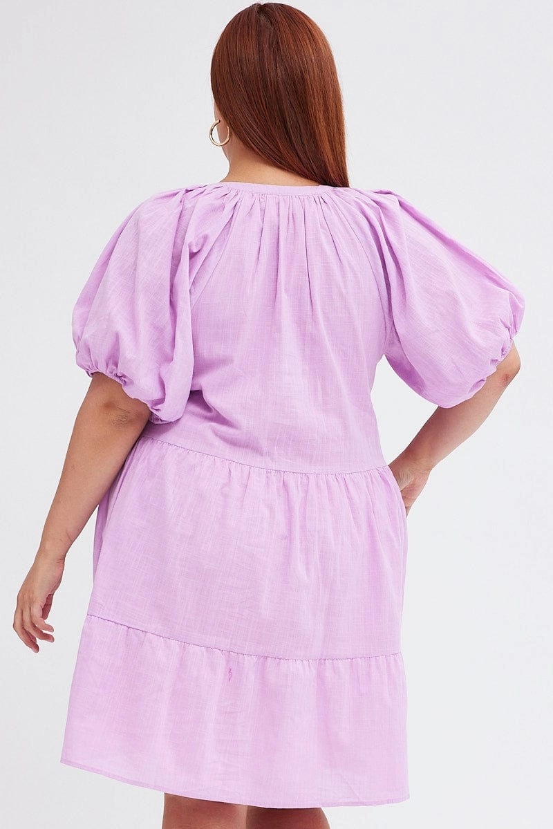 Purple Mini Dress Easy Shirt Collar Half Sleeve Sleek Draping Stylish Waist Fit