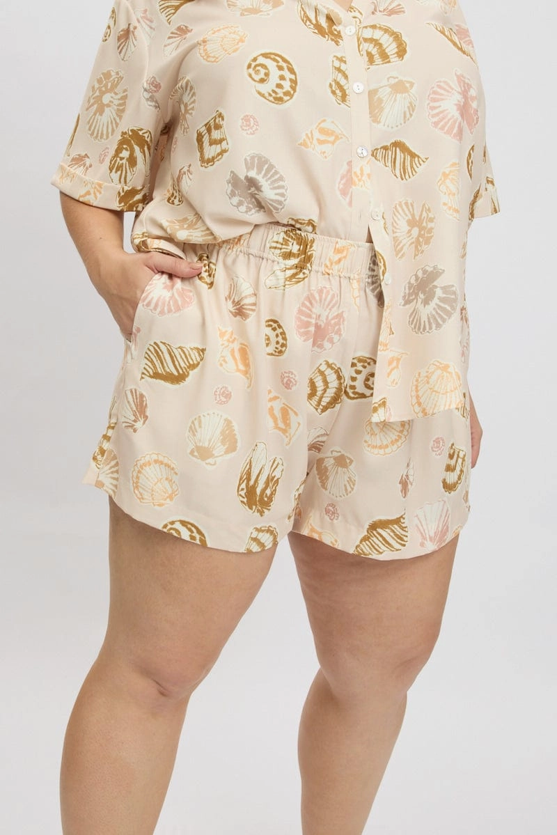 Beige Abstract Elastic Waist Linen Blend Shorts Comfortable Waistband