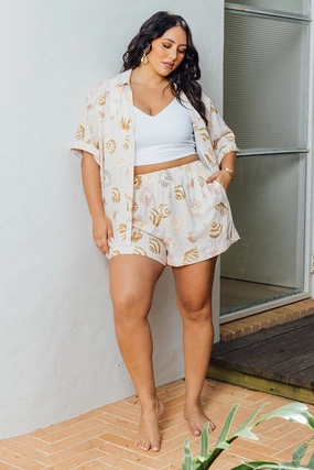Chic Look Easy Breezy Beige Abstract Elastic Waist Linen Blend Shorts