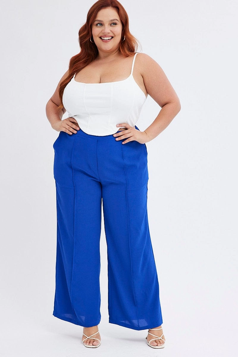 Blue Wideleg Pants Seam Front Elastic Waist Crepe Urban Ready