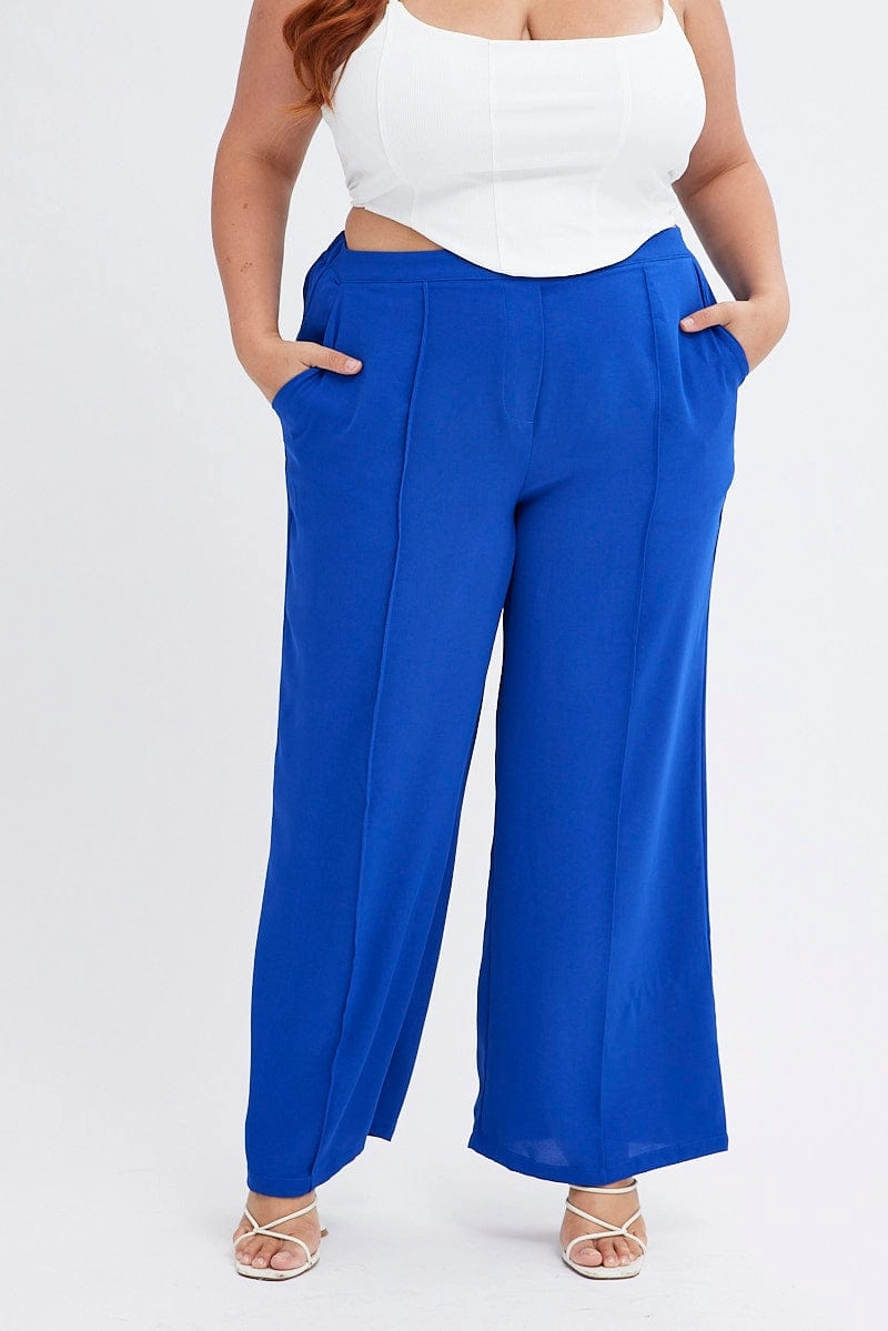 Blue Wideleg Pants Seam Front Elastic Waist Crepe AbrasionGuardTape Soft Material