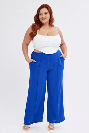 Adjustable Fit Blue Wideleg Pants Seam Front Elastic Waist Crepe