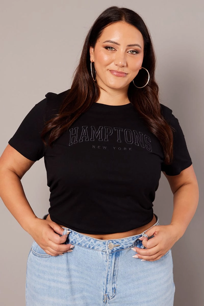 Street Trend Look Black Graphic T-shirt Short Sleeve Crew Neck