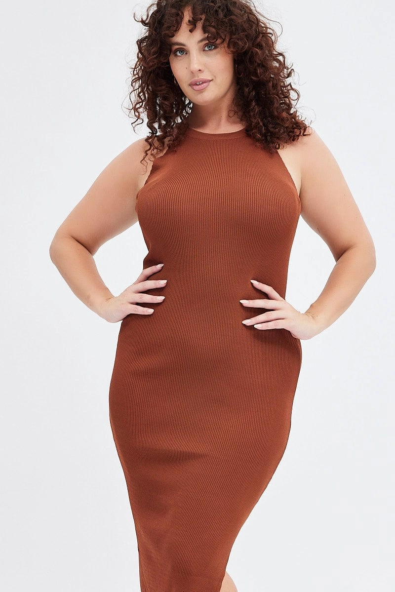 Brown Knit Dress High Neck Midi Vibrant Hue Seasonal Comfort